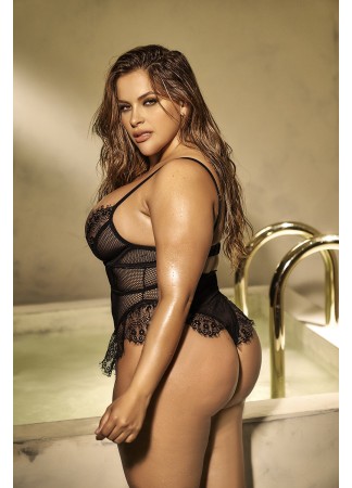 Body noir grande taille en résille et dentelle - MAL8707XBLK