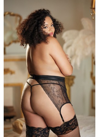 Porte jarretelles grande taille en dentelle noir et string CHARISSA - 12-7012XB