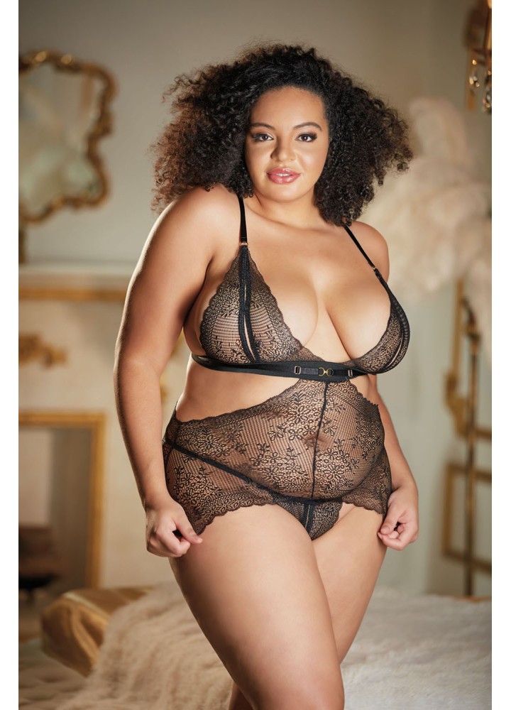 Nuisette dentelle noire grande taille avec string ouvert ROSIE - 17-6002XB