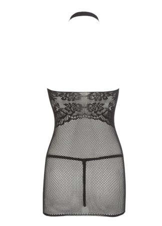 Petite robe en résille noire, sans couture, avec dentelle sur la poitrine. String assorti - R27167551101