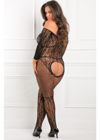 Bodystocking grande taille effet body ouvert à l'entre-jambes et sur les fesses - REN7065X-BLK