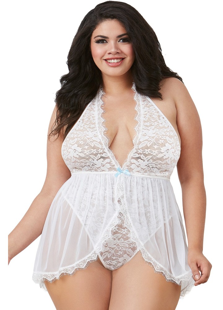 Body string blanc grande taille avec décolleté effet nuisette ouverte - DG11513XWHT