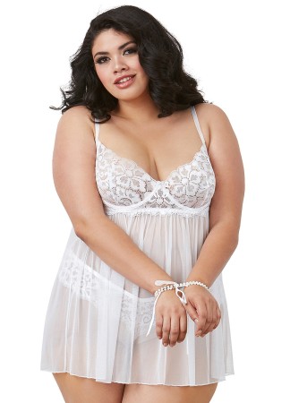 Nuisette en dentelle extensible blanche grande taille - DG11847XWHT