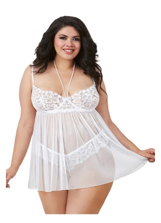 Nuisette en dentelle extensible blanche grande taille - DG11847XWHT