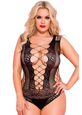 Body noir grande taille résille motifs ouverture avant arrière - ML8629XBLK