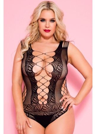 Body noir grande taille résille motifs ouverture avant arrière - ML8629XBLK