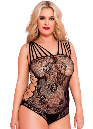 Body noir grande taille résille ajourée multi-bretelles - ML58033XBLK