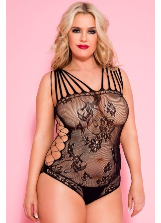 Body noir grande taille résille ajourée multi-bretelles - ML58033XBLK