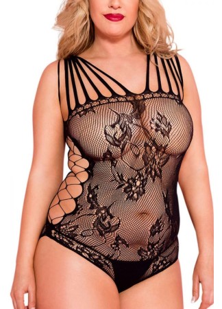 Body noir grande taille résille ajourée multi-bretelles - ML58033XBLK