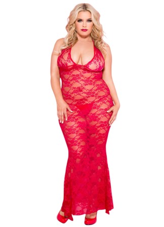 Nuisette grande taille longue rouge décolletée dentelle florale - ML53012XRED