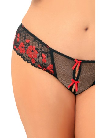 String ouvert grande taille noir avec fleurs rouges - REN1028X-RED