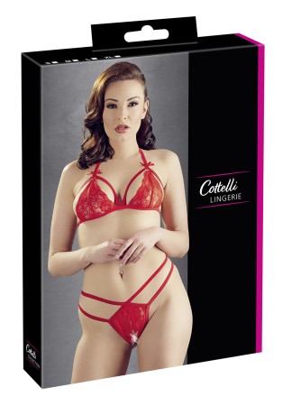 Soutien-gorge en dentelle rouge avec bonnets détachables et string - R221125430