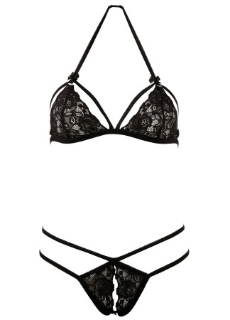 Soutien-gorge en dentelle noire avec bonnets détachables et string - R221125410