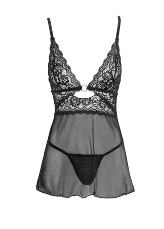 Nuisette noire en dentelle et résille transparente avec string - R2741334