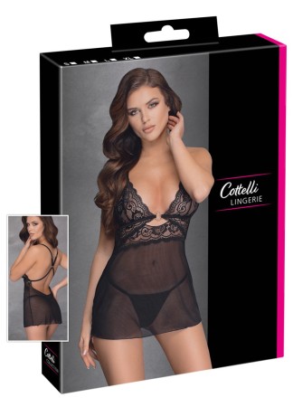 Nuisette noire en dentelle et résille transparente avec string - R2741334