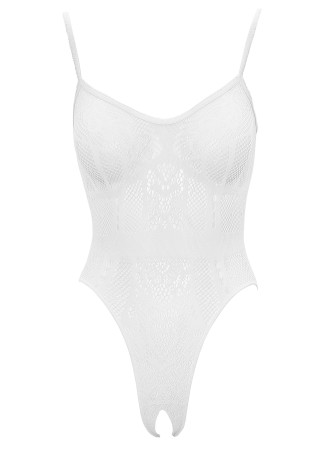 Body string en résille transparente et dentelle blanche, ouvert à l'entrejambe - R26426382101