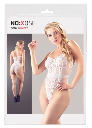 Body string en résille transparente et dentelle blanche, ouvert à l'entrejambe - R26426382101