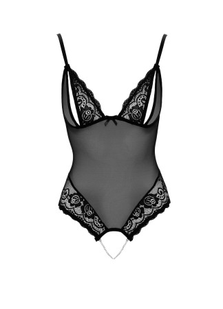 Body string en dentelle et résille noire avec perles à l'entrejambe - R2642425