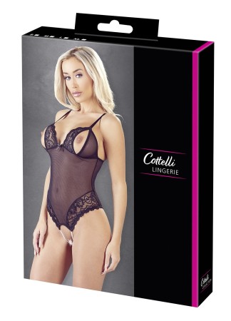 Body string en dentelle et résille noire avec perles à l'entrejambe - R2642425