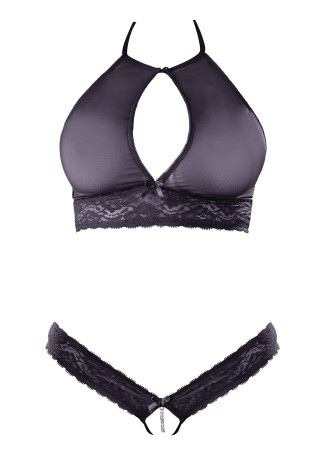 Soutien-gorge bandeau, en dentelle et résille noire et string ouvert - R2213648