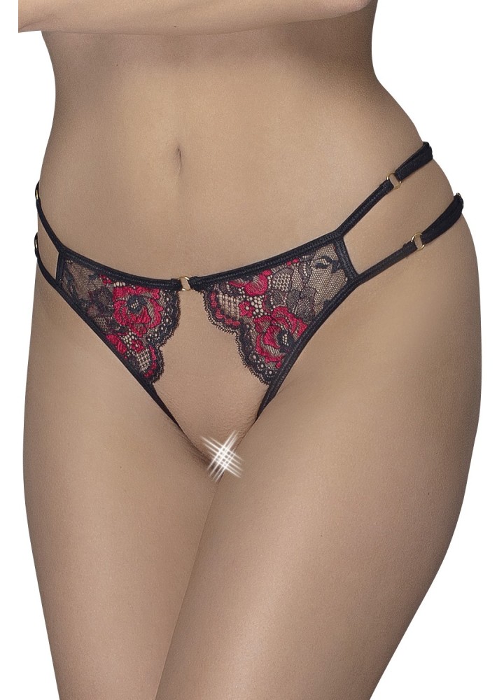 Culotte ouverte en fine dentelle florale rouge et noire - R23221451101