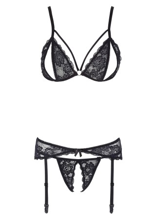 Ensemble trois pièces avec soutien-gorge fendu, porte-jarretelles et string noir - R2230348