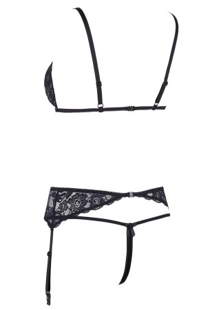 Ensemble trois pièces avec soutien-gorge fendu, porte-jarretelles et string noir - R2230348