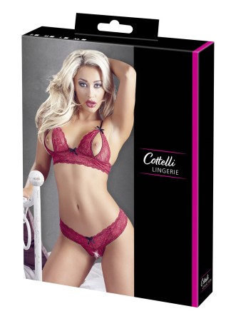 Soutien-gorge, bonnets ouverts, en dentelle rouge et string assorti - R2212447