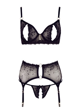 Soutien-gorge dentelle, porte-jarretelles et string ouvert noir - R2213052