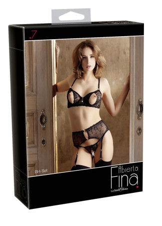 Soutien-gorge dentelle, porte-jarretelles et string ouvert noir - R2213052