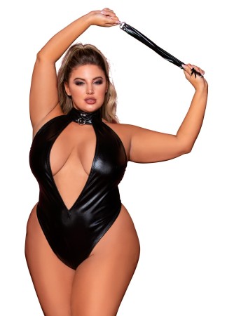 Body en simili cuir grande taille, extensible avec col clouté et fouet - DG12450XBLK