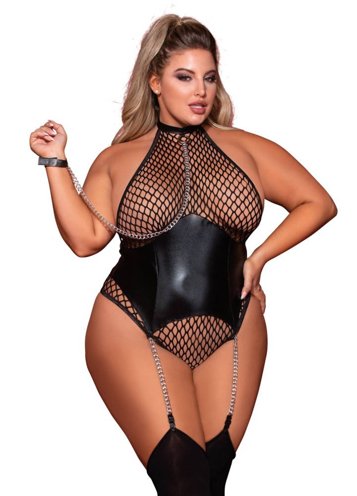 Body grande taille large résille et porte jarretelle simili cuir avec chainettes - DG12495XBLK