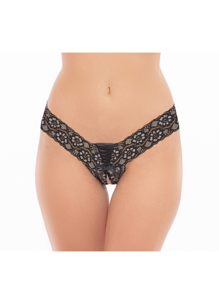 String noir ouvert avec laçage sur le devant - REN1158-BLK