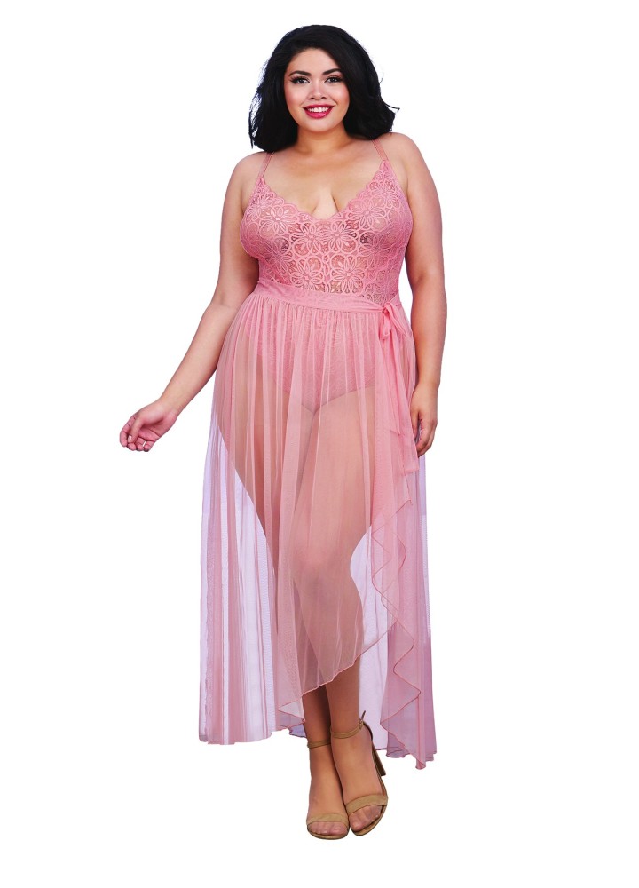 Body string rose vintage grande taille échancré dentelle avec jupe de maille transparente amovible - DG10996XVPK