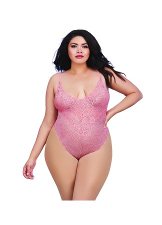 Body string rose vintage grande taille échancré dentelle avec jupe de maille transparente amovible - DG10996XVPK