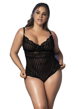 Body dentelle noire,  rayé en dentelle et fine résille - MAL8631XBLK