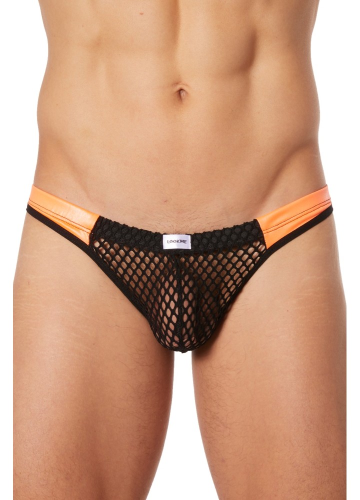 String noir filet avec bandes simili cuir oranges - LM911-57MBKO