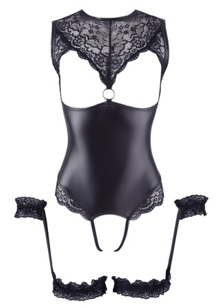 Body en dentelle et simili cuir ouvert avec menottes -  OR2642239BLK