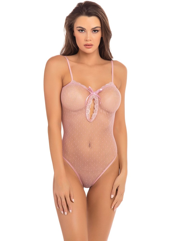 Body rose échancré en fine résille - REN7089ROS