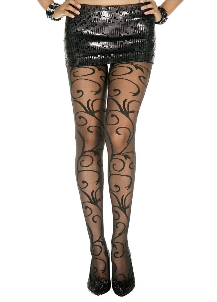 Collant fantaisie noir nylon avec fioritures - MH7129BLK