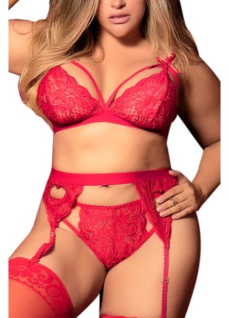 Ensemble 3 pièces rouge grande taille  soutien-gorge string porte-jarretelles - MAL8221XRED