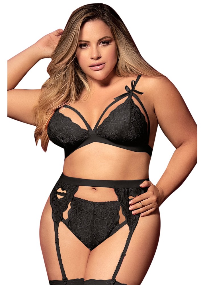 Ensemble 3 pièces noir grande taille  soutien-gorge string porte-jarretelles - MAL8221XBLK