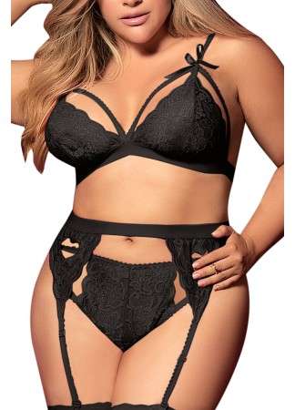 Ensemble 3 pièces noir grande taille  soutien-gorge string porte-jarretelles - MAL8221XBLK