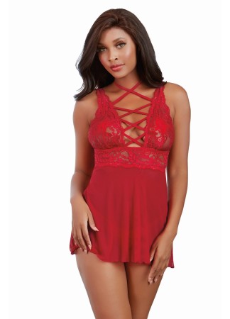 Nuisette rouge avec ornements et culotte assortie - DG11543RUB