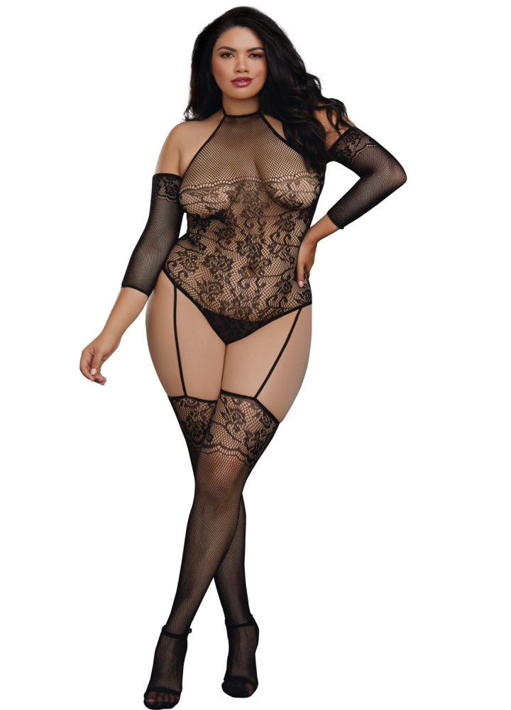 Bodystocking grande taille résille effet bas jarretelles - DG0310XBLK