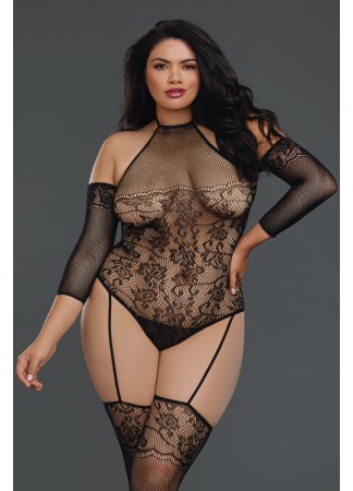 Bodystocking grande taille résille effet bas jarretelles - DG0310XBLK