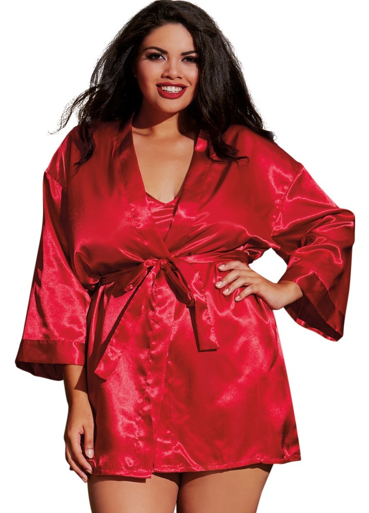 Nuisette grande taille rouge avec peignoir satinés - DG3717XRED