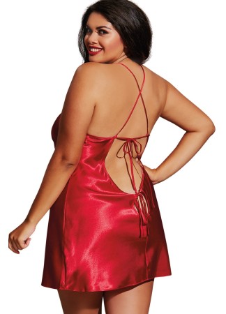 Nuisette grande taille rouge avec peignoir satinés - DG3717XRED