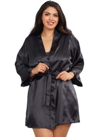 Nuisette grande taille noire avec peignoir satinés - DG3717XBLK