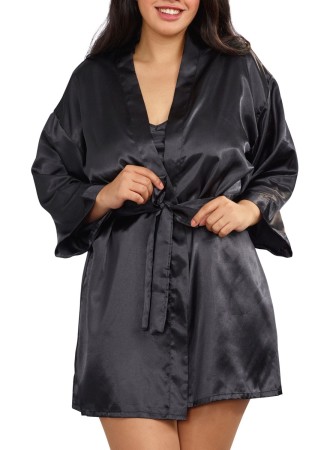 Nuisette grande taille noire avec peignoir satinés - DG3717XBLK